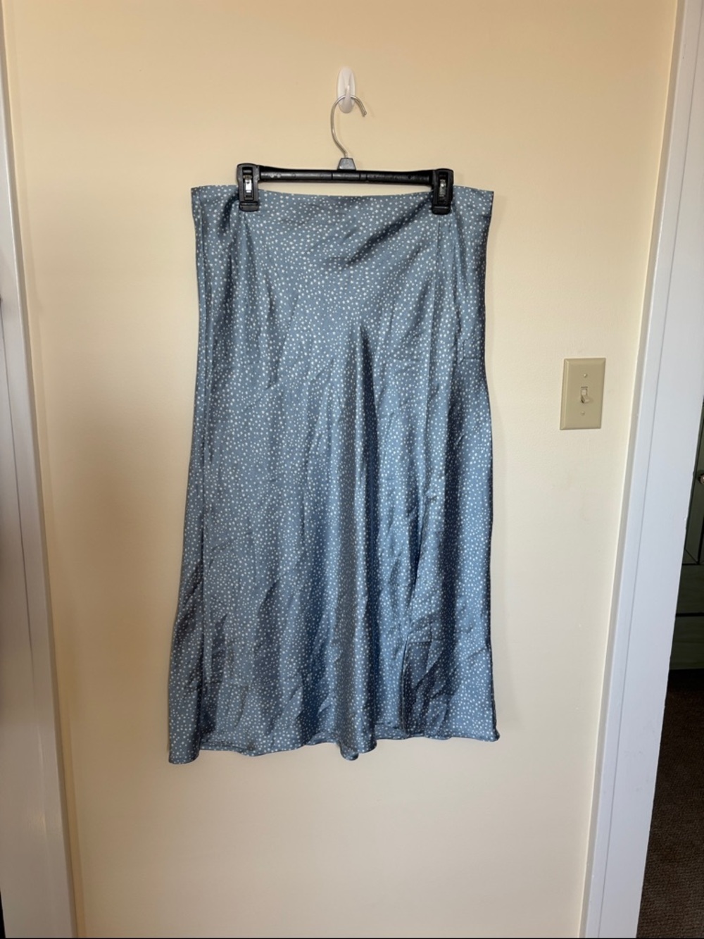 Light Blue Satin Midi Skirt with White Star Print
